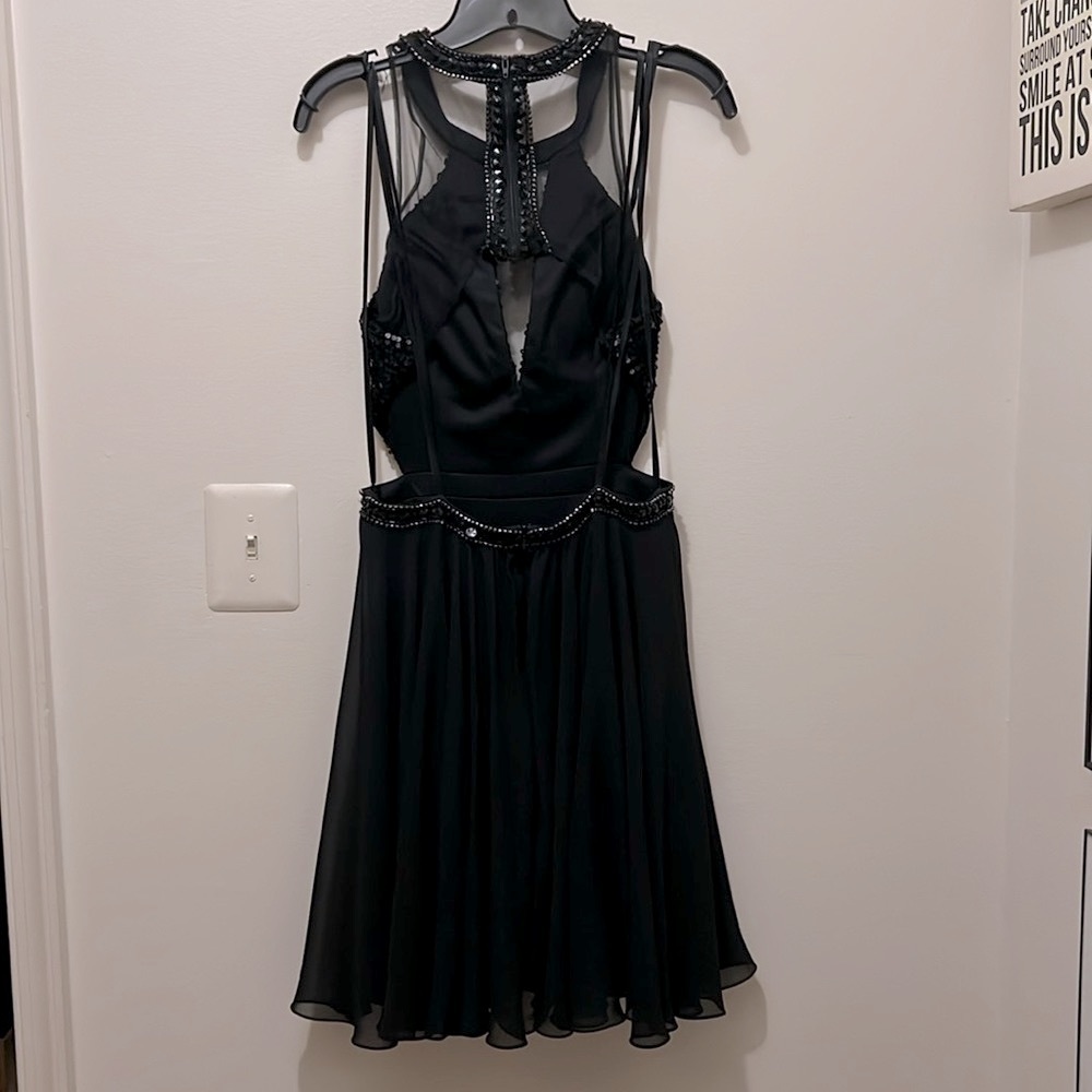 AZARIA BRIDAL SIZE 10 BLACK CUT OUT SIDE MESH W/ SEQUIN BLACK PARTY EVENT DRESS - Picture 7 of 12